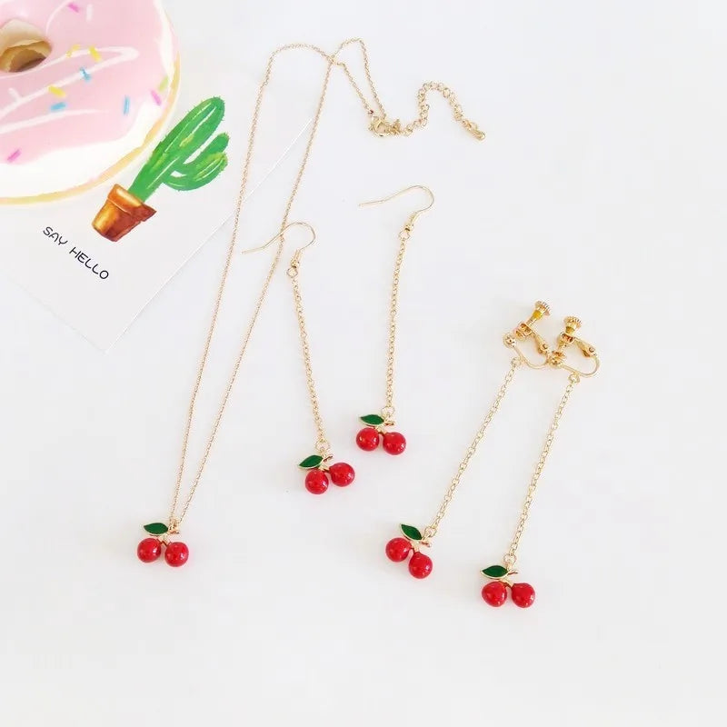Cute Red Cherry Drop Earrings For Women Sweet Fruit Fresh Pendant