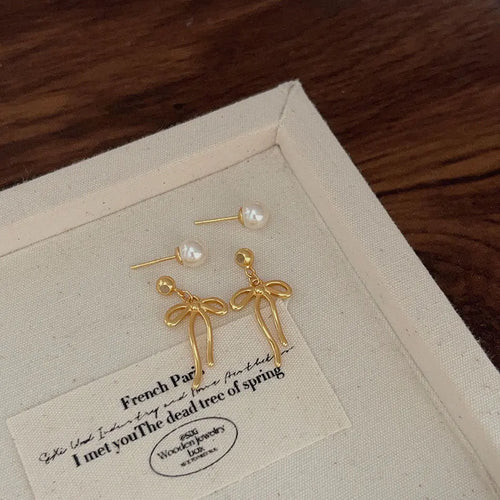 XIYANIKE New Year Asymmetric Pearl Bow Earrings For Women Minimalist