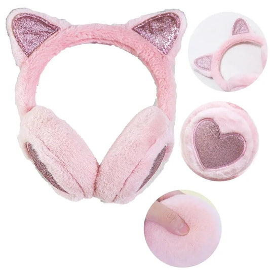 Cute Glitter Cat Ear Earmuff Soft Plush Warmer Winter Warm for Women