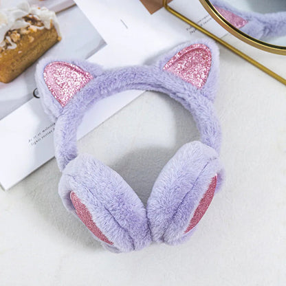 Cute Glitter Cat Ear Earmuff Soft Plush Warmer Winter Warm for Women