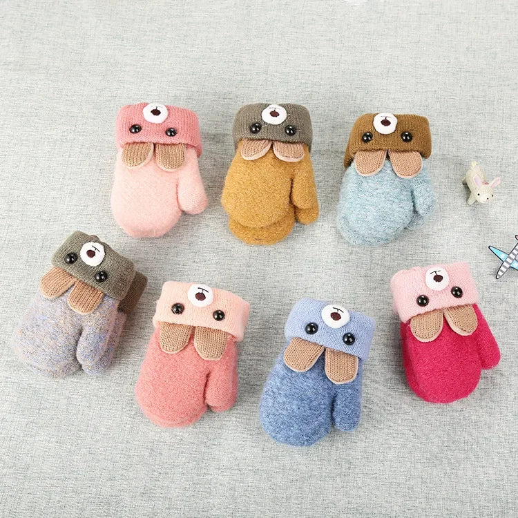 Cute Cartoon Bear Baby Gloves Winter Knitted Wool Infants Mittens