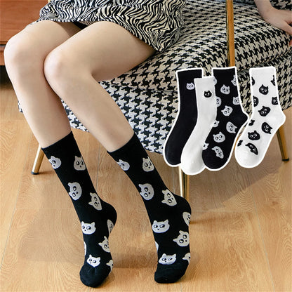 Chic New Women's Cute Cat Face Black White Socks Korean Harajuku