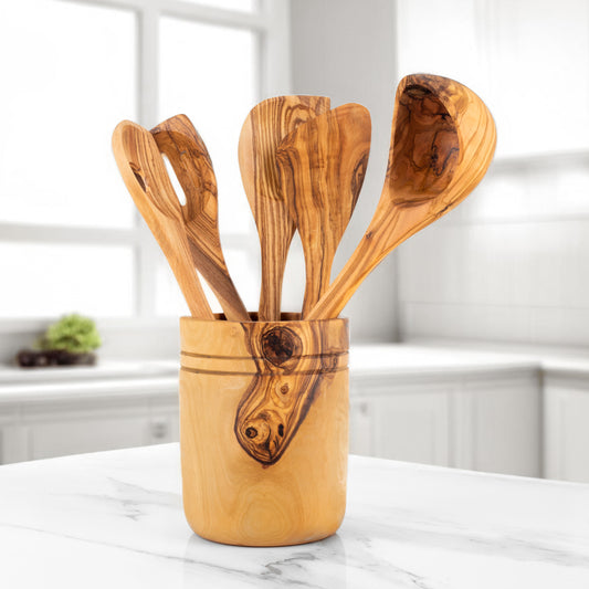 Handmade Olive Wood Kitchen Utensils Set of 5 with Wooden Holder
