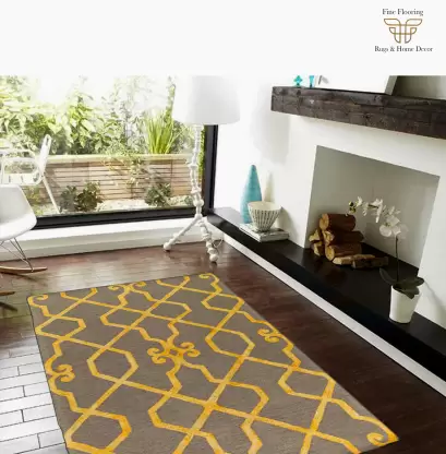 Beige, Yellow Wool Carpet  (5 cm, X 8 cm, Rectangle)